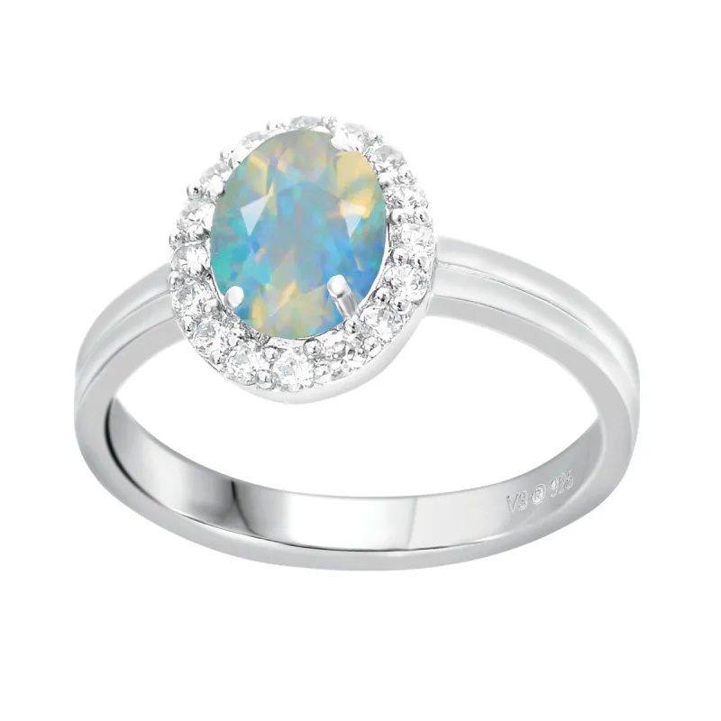 Sterling Silver with Natural Ethiopian Opal and White Topaz Halo Ring sold by Zulily