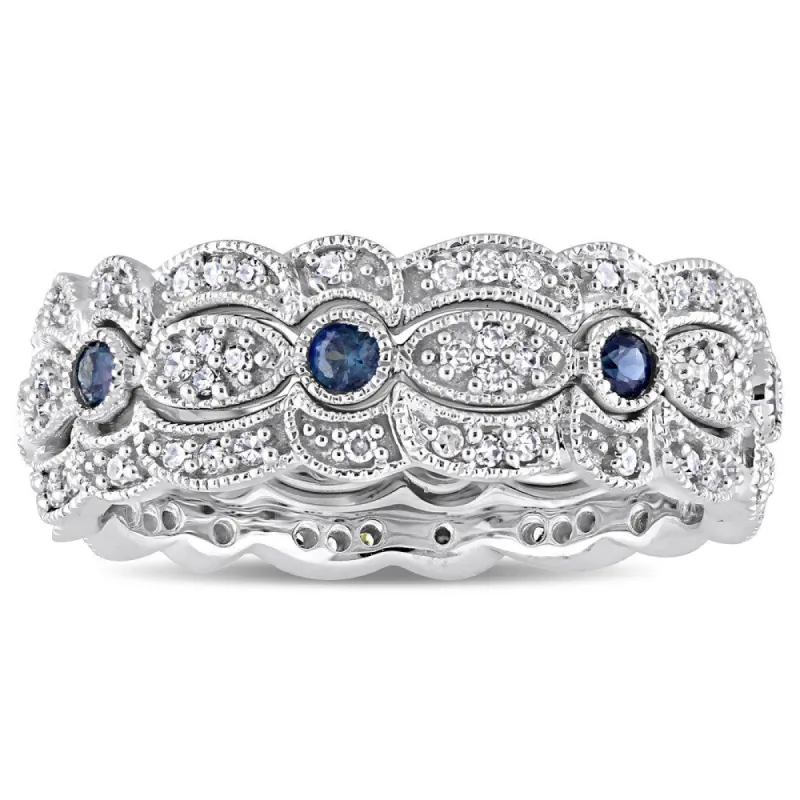 Miadora Signature Collection 14k White Gold Sapphire and 2/5ct TDW Diamond Milgrain Filigree 3-Piece Stacking Ring Set - Blue sold by Zulily