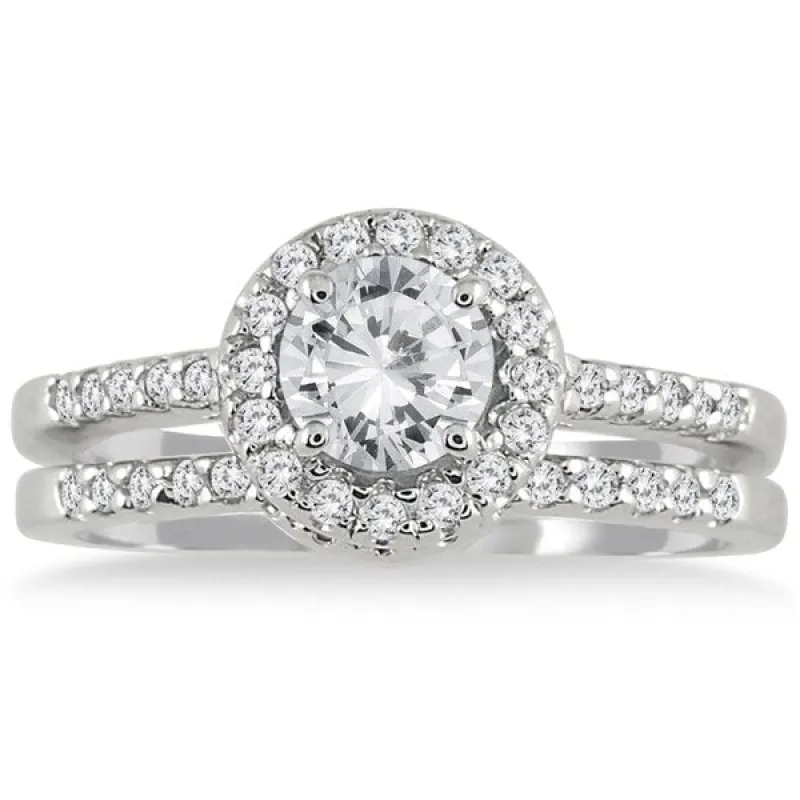 10k White Gold 1 1/6 Carat TDW White Diamond Halo Bridal Set sold by Zulily