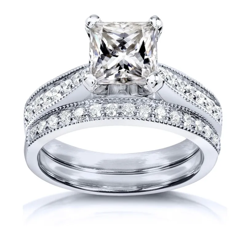 Annello by Kobelli Princess Moissanite and Diamond Vintage Bridal Set 2 1/8 CTW 14k White Gold sold by Zulily