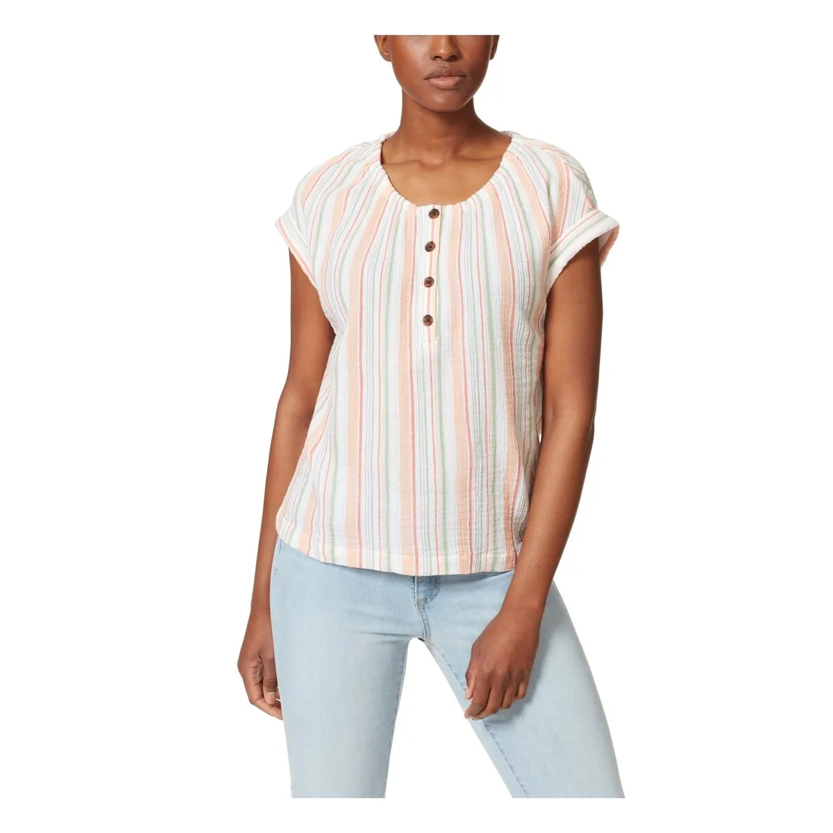 Anne Klein Women's Textured Henley Neckline Rolled Cuffs Striped Short Sleeve Top Orange Size Large sold by Zulily