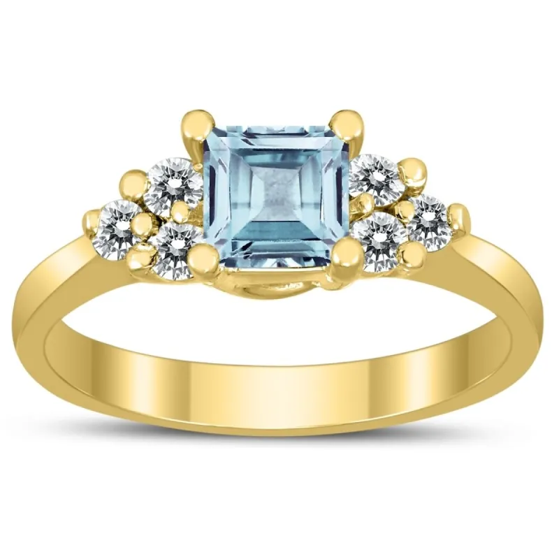 Princess Cut 5X5MM Aquamarine and Diamond Duchess Ring in 10K Yellow Gold sold by Zulily