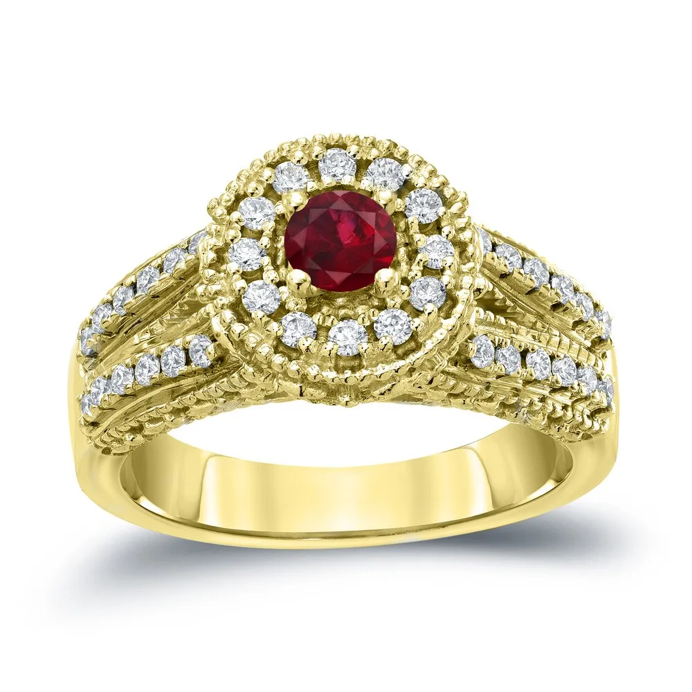 Auriya Vintage 1/5ctw Red Ruby Gemstone and 1/2ctw Split Shank Halo Diamond Engagement Ring 14k Gold sold by Zulily product image thumbnail 2