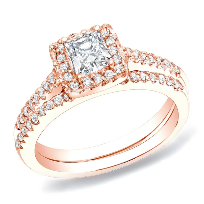 Auriya 14k Rose Gold 3/4ctw Princess-cut Diamond Halo Engagement Ring Set sold by Zulily