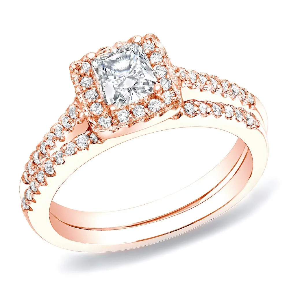Auriya 14k Rose Gold 3/4ctw Princess-cut Diamond Halo Engagement Ring Set sold by Zulily