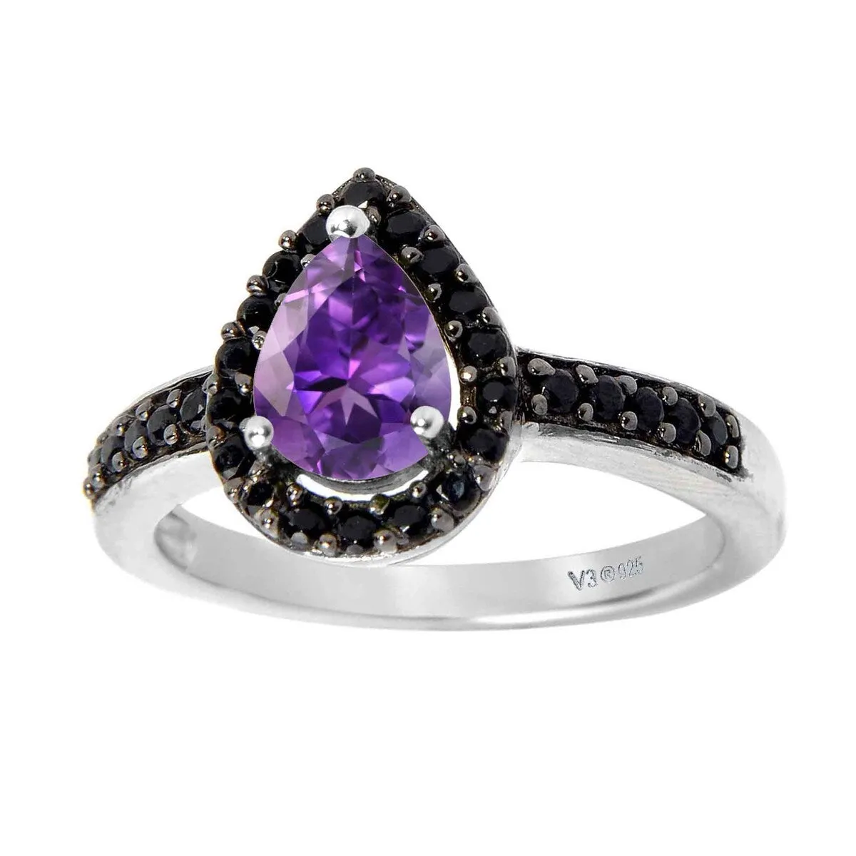 Sterling Silver with Natural Amethyst and Black Spinel Halo Ring sold by Zulily