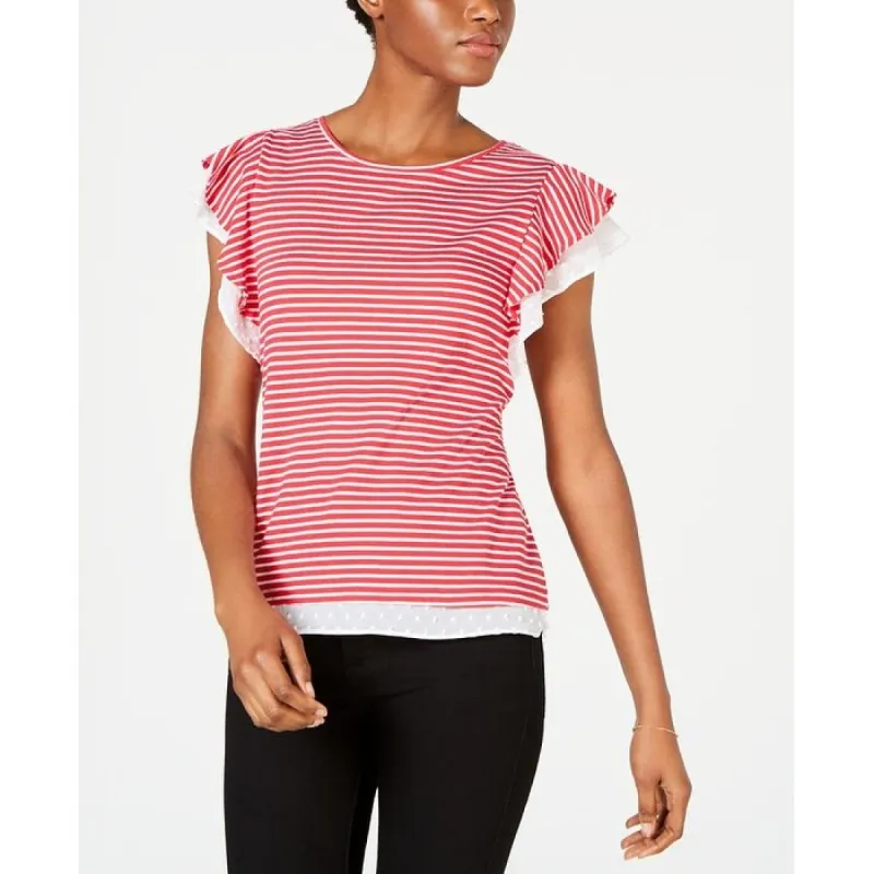 Maison Jules Women's Flutter Sleeve Striped Jewel Neck T-Shirt Top Red Size Small sold by Zulily