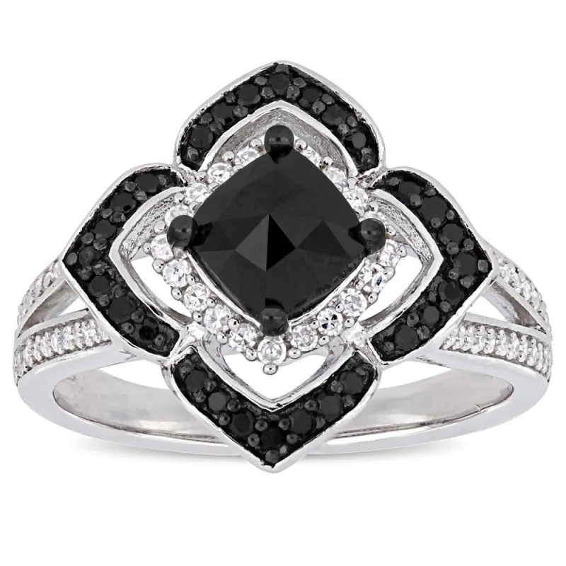Miadora Signature Collection Sterling Silver 1 2/5ct TDW Black and White Diamond Floral Halo Split Shank Ring sold by Zulily
