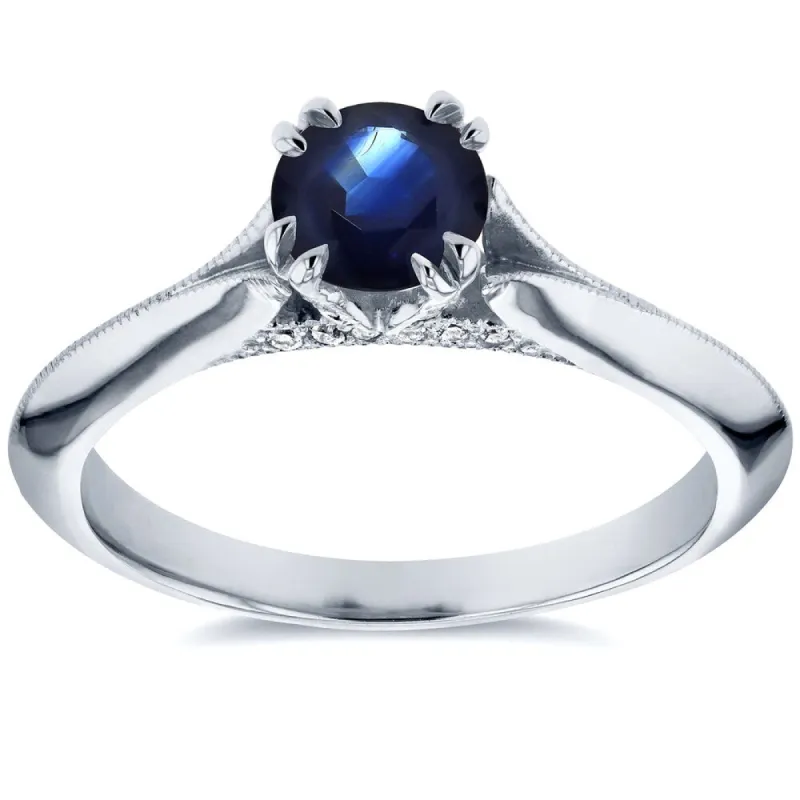 Annello by Kobelli 14k White Gold Blue Sapphire and Diamond Accent Antique Floral Sleek Edged Engage sold by Zulily