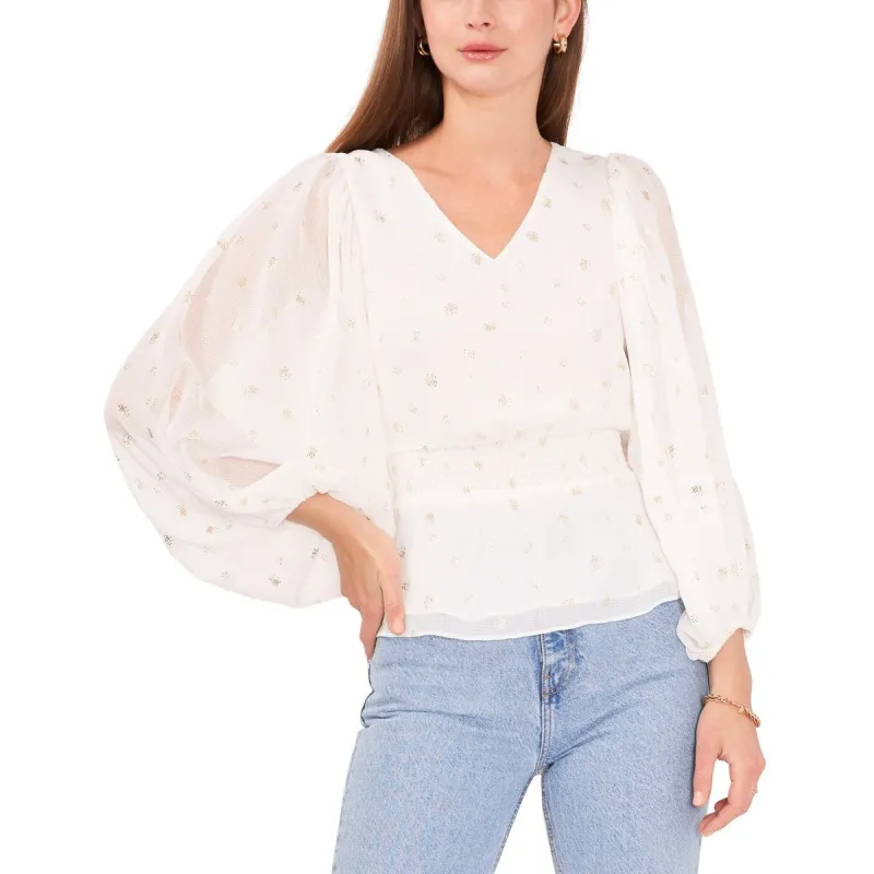 Vince Camuto Women's Foiled Smocked Hem Puff Sleeve Blouse White sold by Zulily