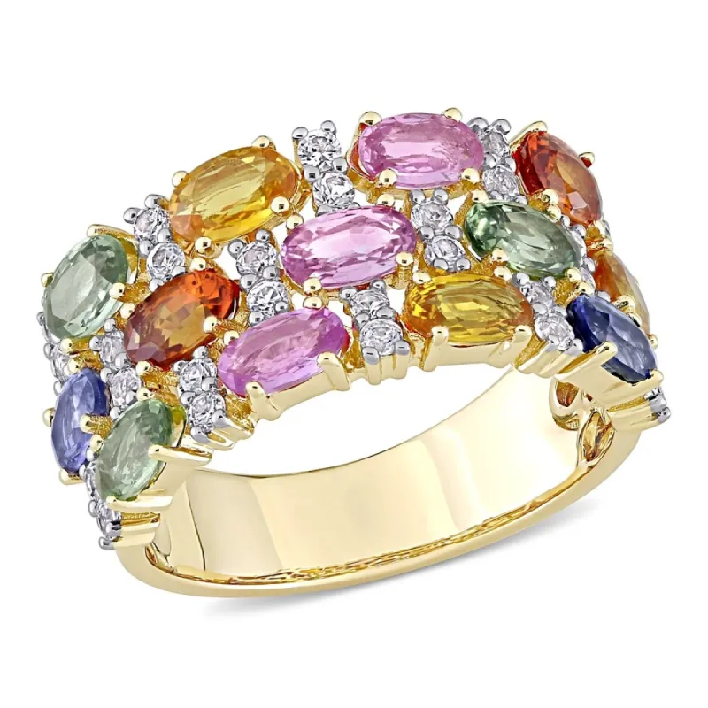 Oval-Cut Multi-Color Sapphire Semi-Eternity 3-Row Anniversary Band in 14k Yellow Gold by Miadora sold by Zulily