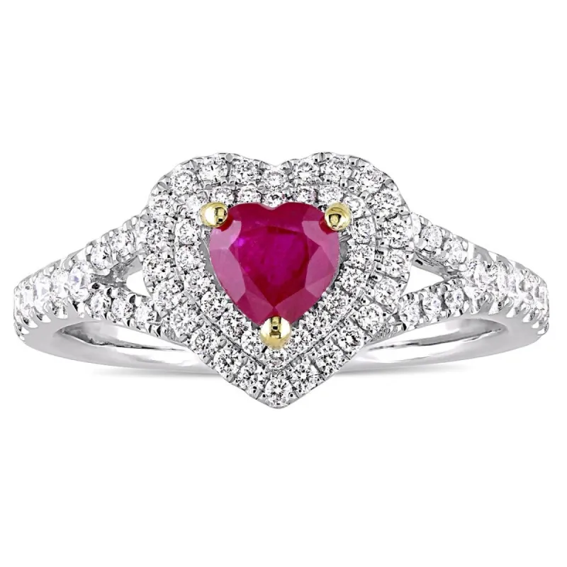 Miadora 14k White Gold with Yellow Prongs Ruby and 2/5ct TDW Diamond Heart Double Halo Ring sold by Zulily