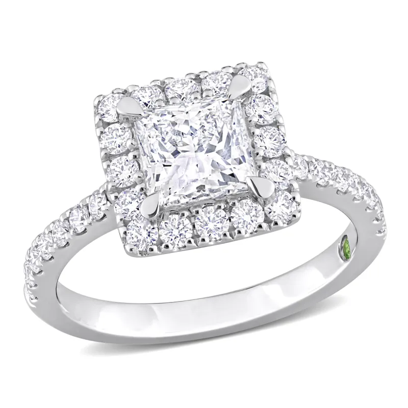 Created Forever 2ct TDW Princess-Cut Lab-Grown Diamond with Tsavorite Accent Halo Engagement Ring in 14k White Gold sold by Zulily