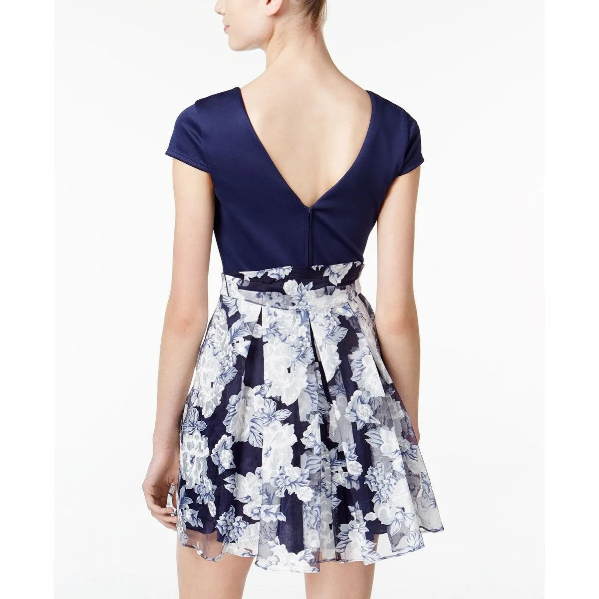 B Darlin Junior's a Line Floral Printed Tie Waist Dress Blue sold by Zulily product image thumbnail 2