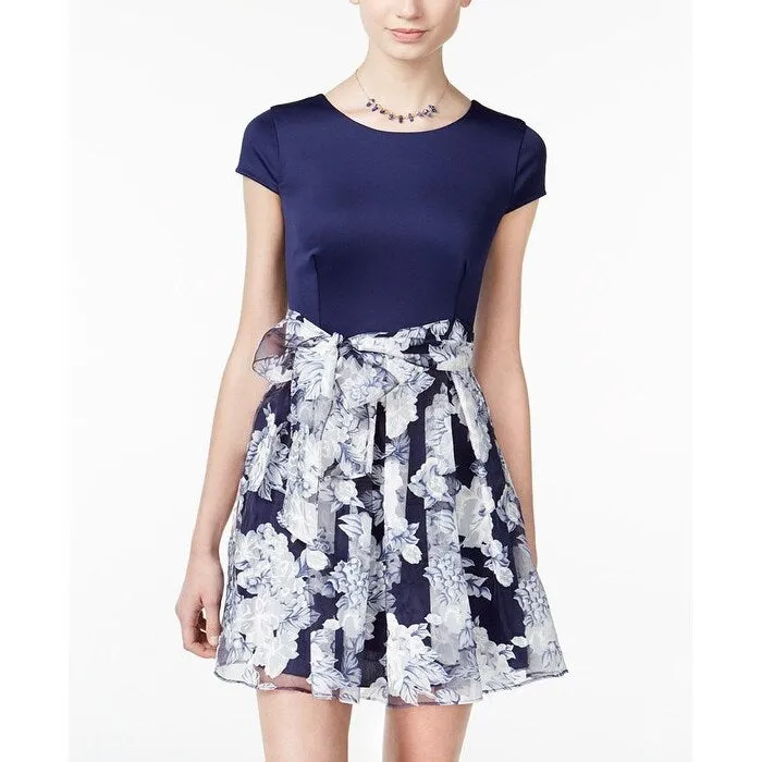 B Darlin Junior's a Line Floral Printed Tie Waist Dress Blue sold by Zulily