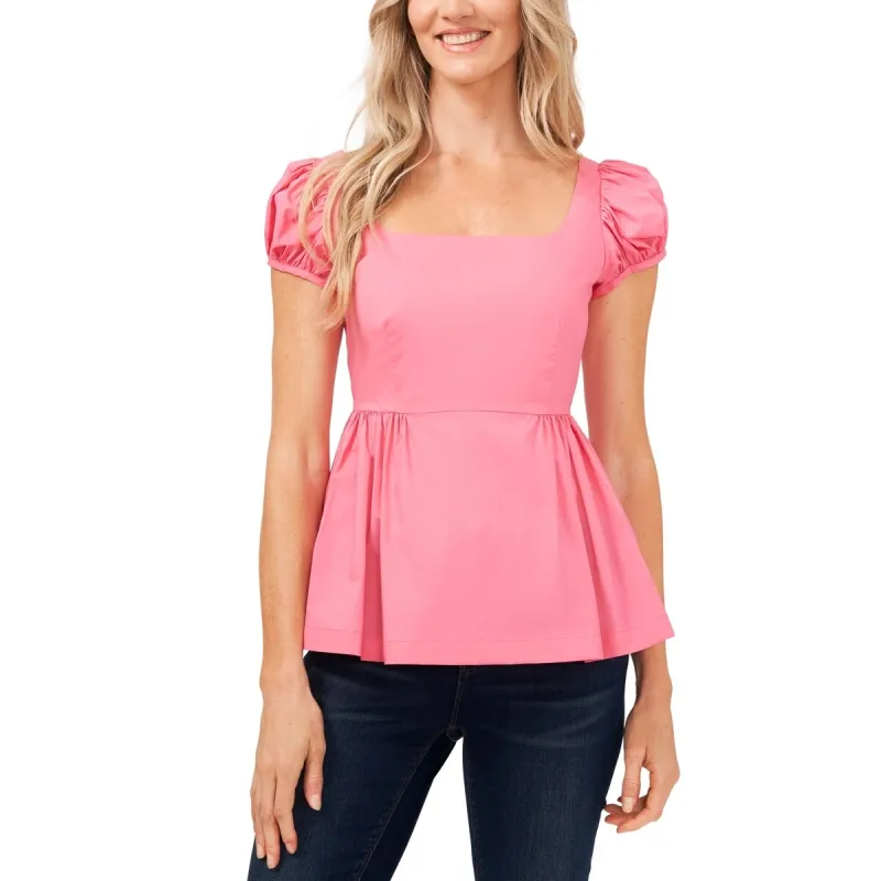 CeCe Women's Peplum Puff Sleeve Cotton Top Pink Size Medium sold by Zulily