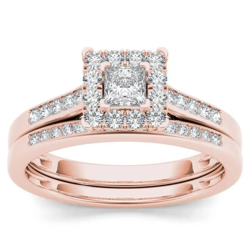 De Couer 10k Rose Gold 1/2ct TDW Diamond Halo Engagement Ring Set with One Band - Pink sold by Zulily