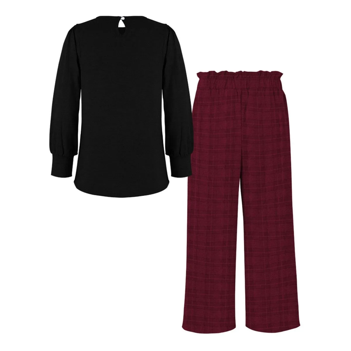 Black Bishop-Sleeve Top & Burgundy Plaid Wide-Leg Pants sold by Zulily product image thumbnail 2