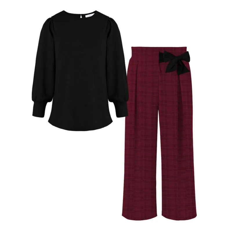 Black Bishop-Sleeve Top & Burgundy Plaid Wide-Leg Pants sold by Zulily