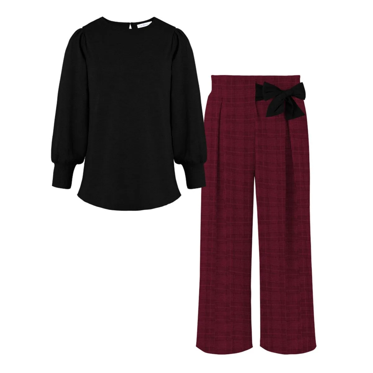 Black Bishop-Sleeve Top & Burgundy Plaid Wide-Leg Pants sold by Zulily