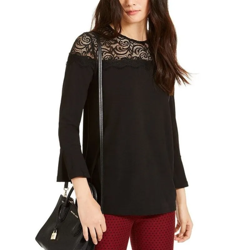 Michael Kors Women's Lace Solid Long Sleeve Illusion Neckline Evening Top Black Size Petite Small sold by Zulily