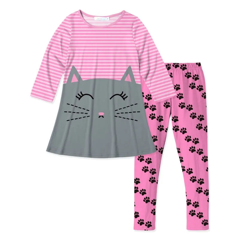 Pink Cat Face & Stripe Print Dress & Paws Print Leggings sold by Zulily