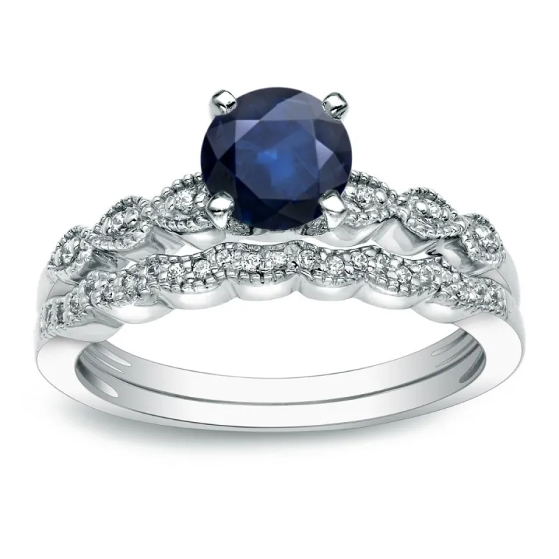 Auriya 14k Gold Vintage 7/8ct Blue Sapphire and 1/10ctw Diamond Engagement Ring Set sold by Zulily