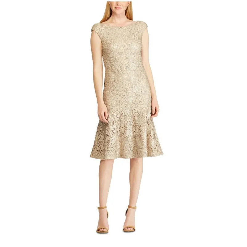 Ralph Lauren Women's Beige Lace Floral Short Sleeve Knee Length Evening Drop Waist Beige khaki Size 6 made by Ralph Lauren