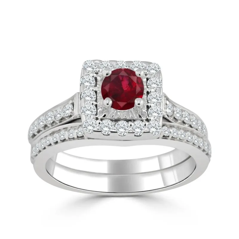 Auriya Round 2/5ct Red Ruby and 5/8cttw Diamond Halo Engagement Ring Set 14k Gold sold by Zulily