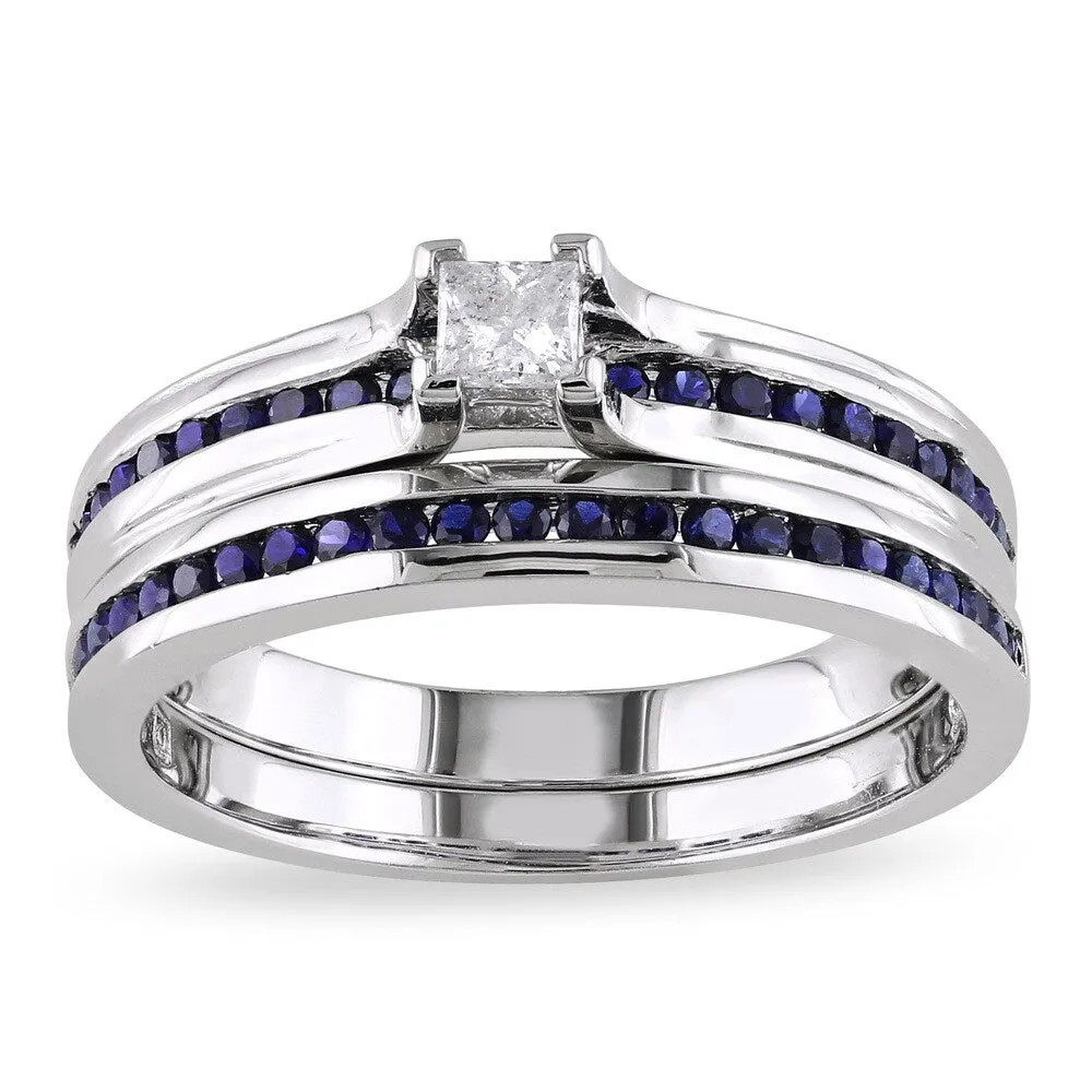 Miadora Sterling Silver 1/6ct TDW Princess-cut Diamond and Sapphire Engagement Wedding Band Ring Set sold by Zulily