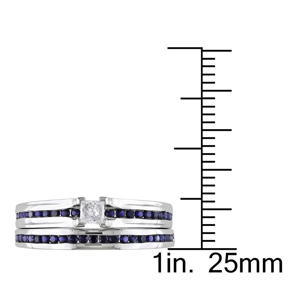 Miadora Sterling Silver 1/6ct TDW Princess-cut Diamond and Sapphire Engagement Wedding Band Ring Set sold by Zulily product image thumbnail 3