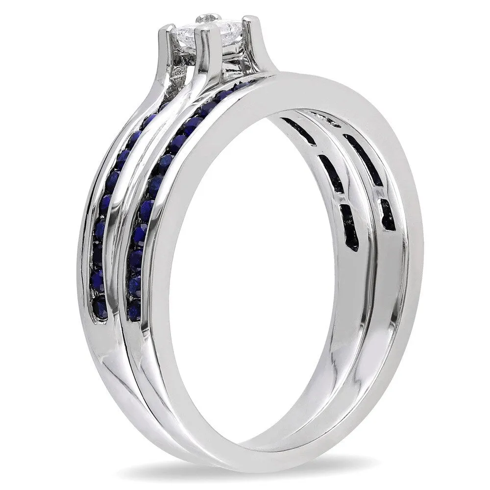 Miadora Sterling Silver 1/6ct TDW Princess-cut Diamond and Sapphire Engagement Wedding Band Ring Set sold by Zulily product image thumbnail 2