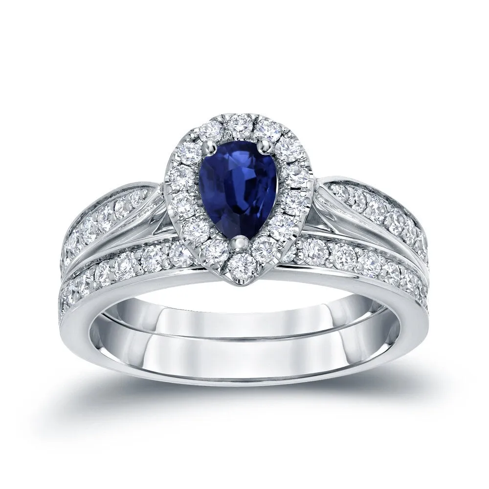 14k Gold 1/2ct Pear Shaped Sapphire and 1/2ct TDW Halo Diamond Engagement Ring Set by Auriya sold by Zulily