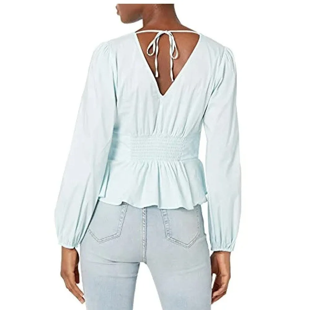 GUESS Women's Tie Smocked Open Back Balloon Sleeve V Neck Blouse Blue Size Medium sold by Zulily product image thumbnail 2