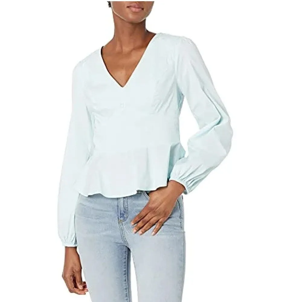 GUESS Women's Tie Smocked Open Back Balloon Sleeve V Neck Blouse Blue Size Medium sold by Zulily