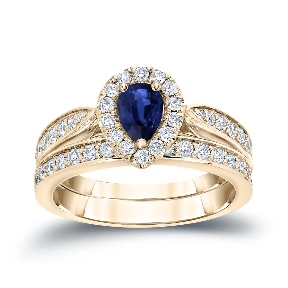 14k Gold 1/2ct Pear Shaped Sapphire and 1/2ct TDW Halo Diamond Engagement Ring Set by Auriya sold by Zulily product image thumbnail 2