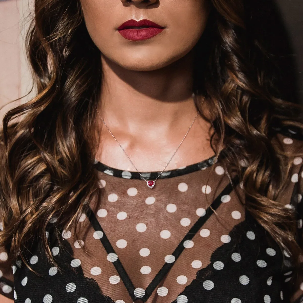 Miadora 14k White Gold with Yellow Gold Prongs Heart-Cut Ruby and Diamond Halo Necklace sold by Zulily product image thumbnail 5