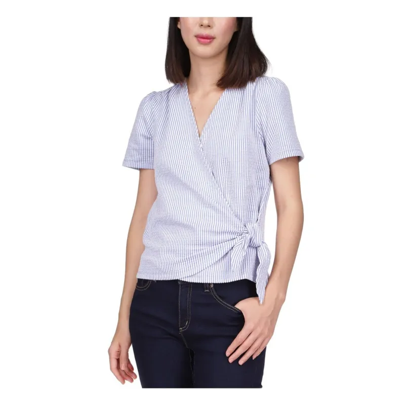 Michael Kors Women's Gathered Ties At Side Striped Short Sleeve V Neck Wear To Work Faux Wrap Top Blue Size Petite X-Small sold by Zulily