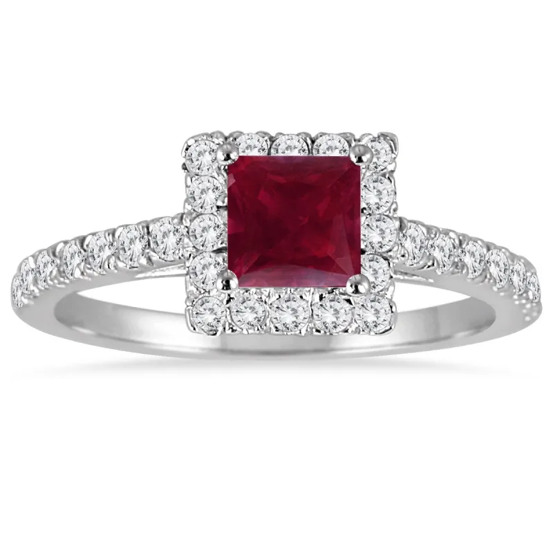 1 Carat TW Princess Cut Ruby and Diamond Halo Engagement Ring in 14K White Gold sold by Zulily
