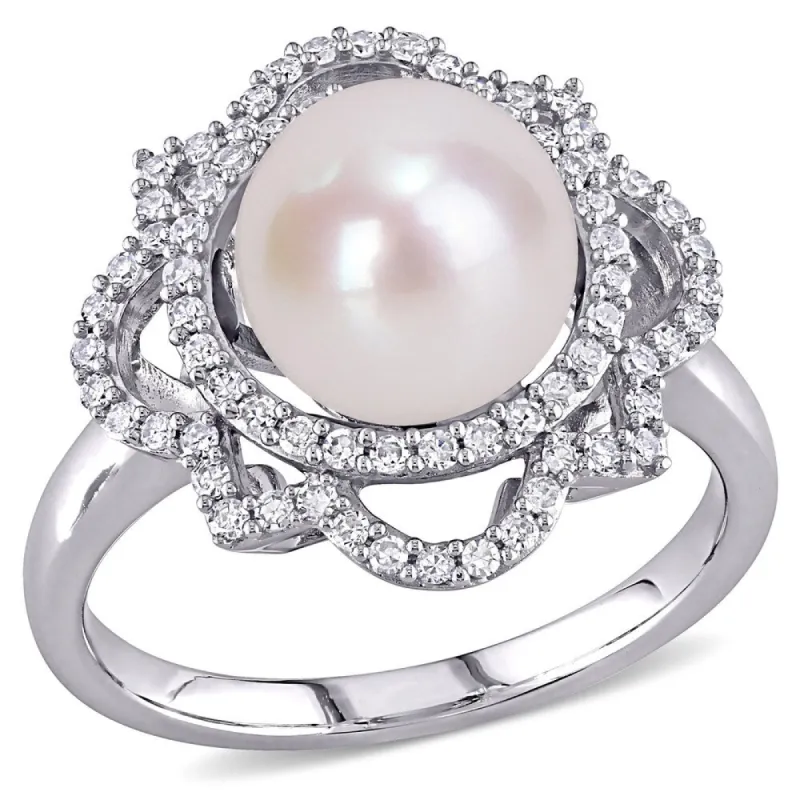 Miadora 14k White Gold Cultured FW Pearl and 3/8ct TDW Diamond Floral Halo Ring (9-9.5 MM) sold by Zulily