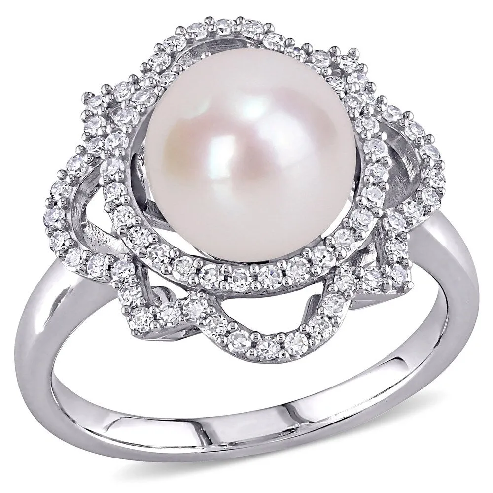 Miadora 14k White Gold Cultured FW Pearl and 3/8ct TDW Diamond Floral Halo Ring (9-9.5 MM) sold by Zulily