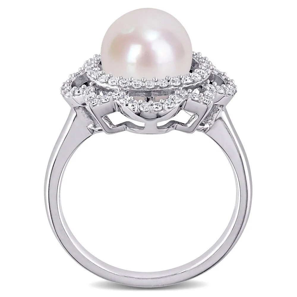 Miadora 14k White Gold Cultured FW Pearl and 3/8ct TDW Diamond Floral Halo Ring (9-9.5 MM) sold by Zulily product image thumbnail 4