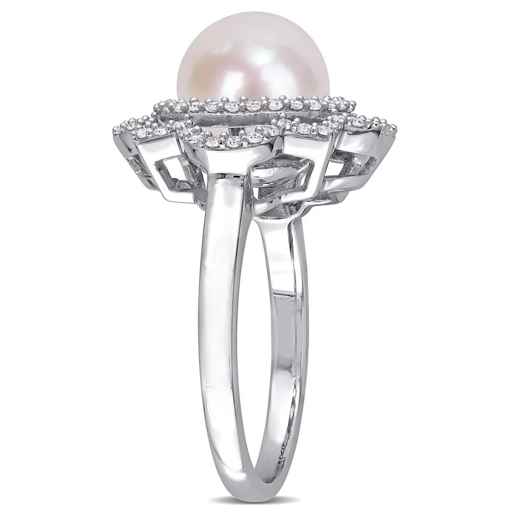 Miadora 14k White Gold Cultured FW Pearl and 3/8ct TDW Diamond Floral Halo Ring (9-9.5 MM) sold by Zulily product image thumbnail 3