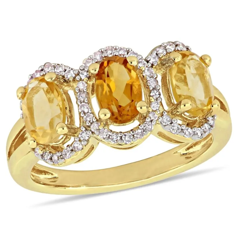 Miadora Yellow Plated Sterling Silver Citrine Madeira Citrine with 1/5ct TDW Diamond 3-Stone Halo Ring sold by Zulily