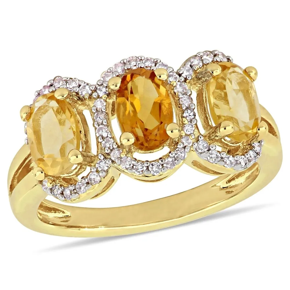 Miadora Yellow Plated Sterling Silver Citrine Madeira Citrine with 1/5ct TDW Diamond 3-Stone Halo Ring sold by Zulily