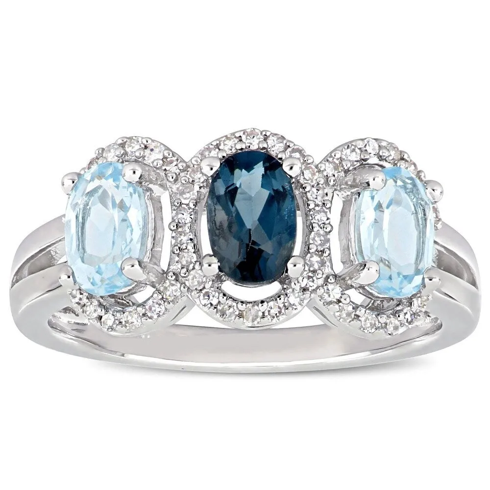 Miadora Sterling Silver London and Sky-Blue Topaz with 1/5ct TDW Diamond 3-Stone Halo Ring sold by Zulily