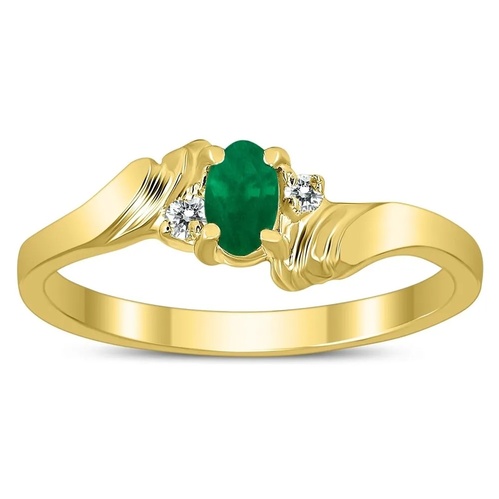 5X3MM Emerald and Diamond Wave Ring in 10K Yellow Gold sold by Zulily