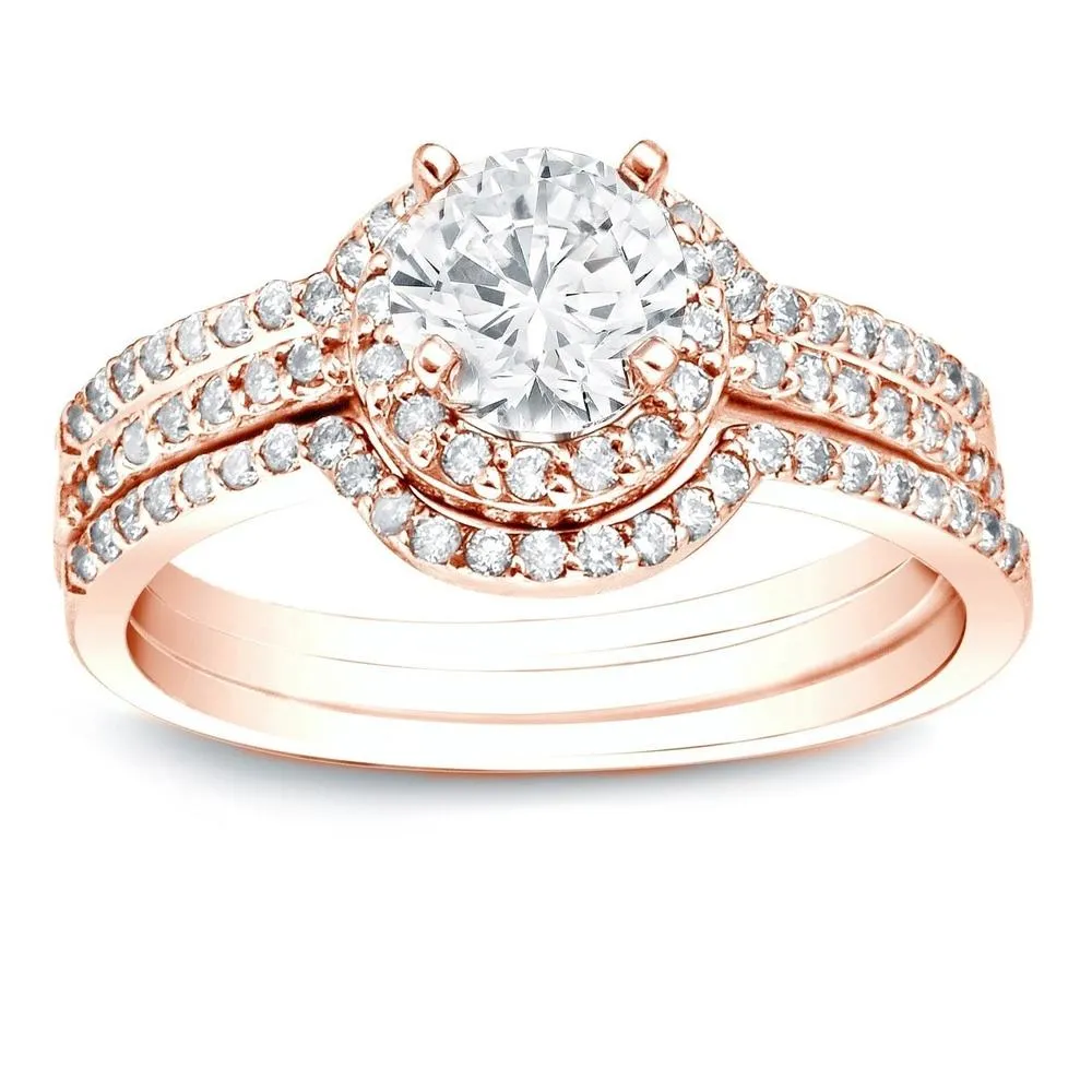 Auriya 14k Gold 1 1/5ctw Round Halo Diamond Engagement Ring 3-Piece Bridal Set sold by Zulily product image thumbnail 3