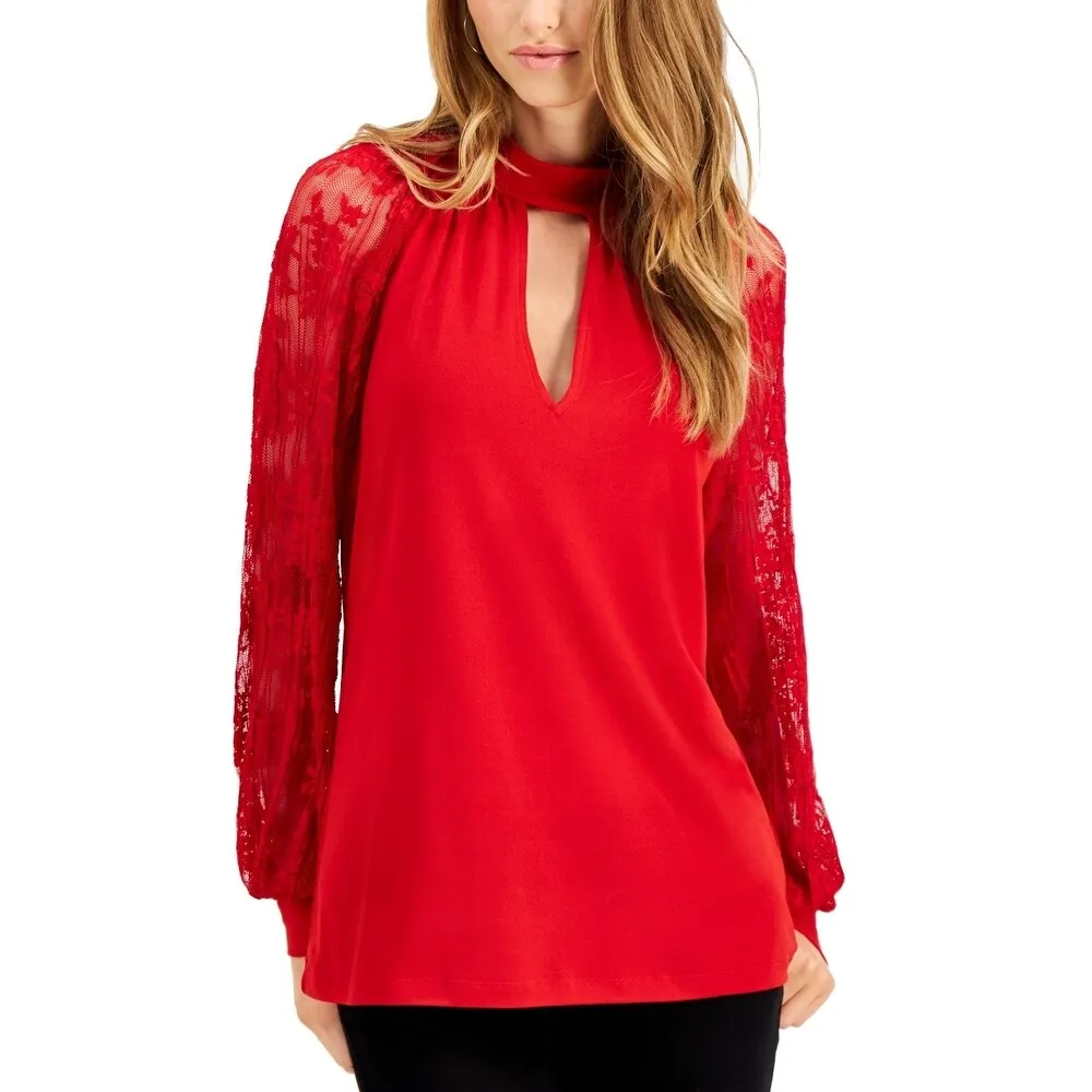Fever Women's Lace Sleeve Keyhole Top Red Size X-Small sold by Zulily