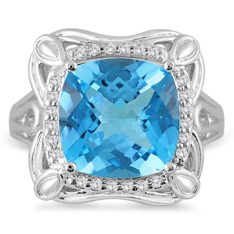 7 Carat Cushion Cut Blue Topaz and Diamond Ring in 10K White Gold sold by Zulily